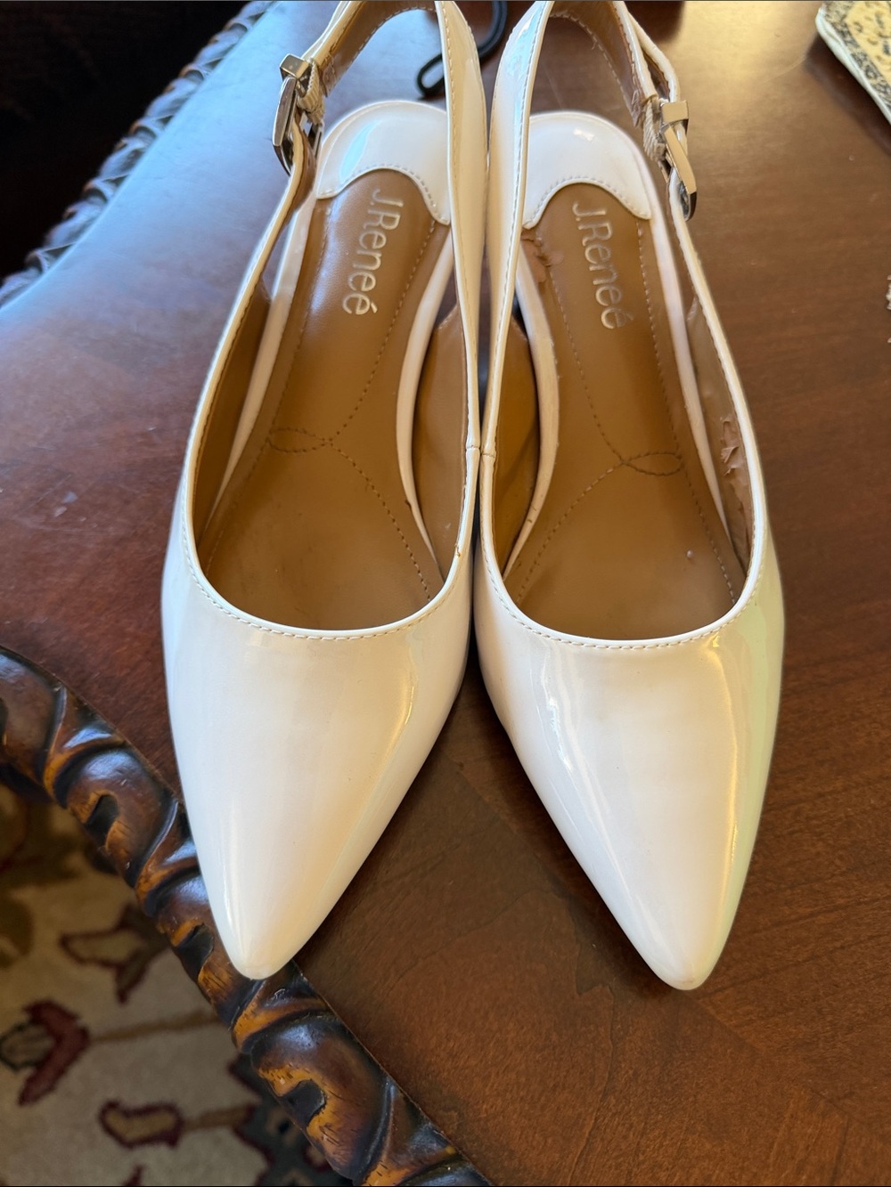 J.Renee White Patent Pointed Slingback Heels